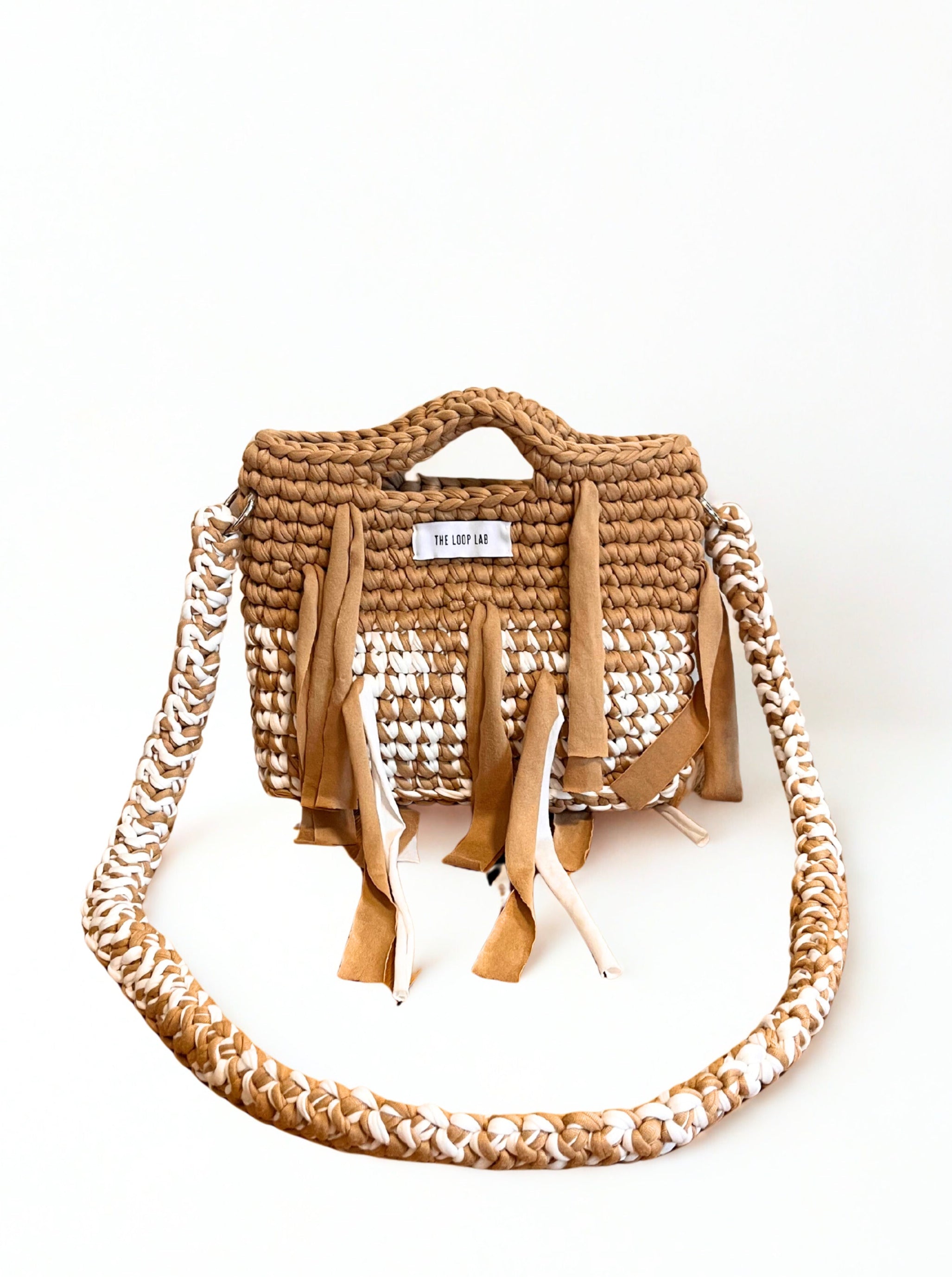 SMALL Crochet bag CAMEL-WHITE